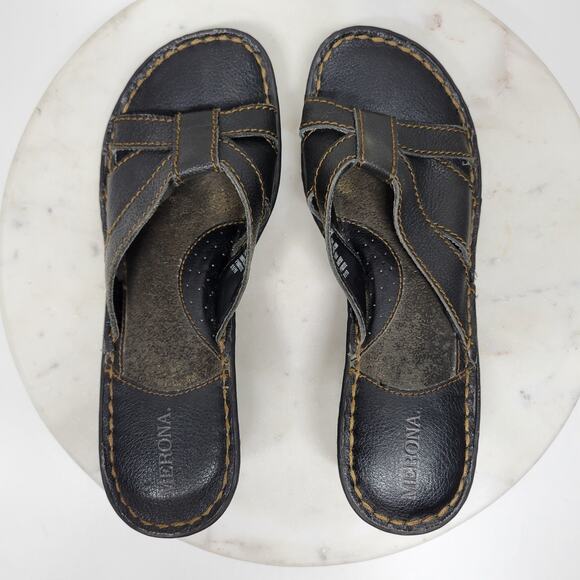 Merona Leather Wedge Sandals Womens 8 Black Stitching Slip on Mules Slides Y2k - Picture 5 of 15